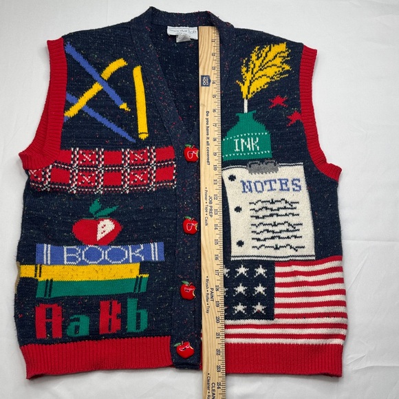 Vintage sweaterloft sweater vest cardigan Medium M Teacher Navy Red Graphic knit - Picture 6 of 7